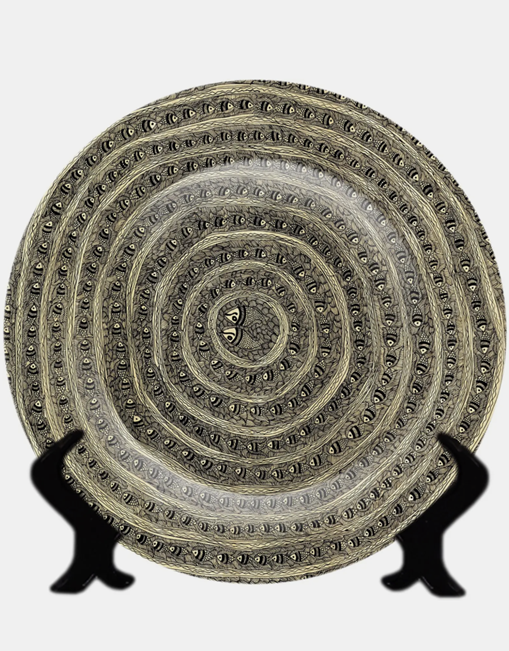 Hand-painted Madhubani ceramic platter with concentric fish bands — decorative pottery from the region