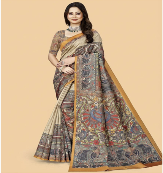 Madhubani print silk saree in beige with peacock and elephant motifs on the pallu, mustard borders
