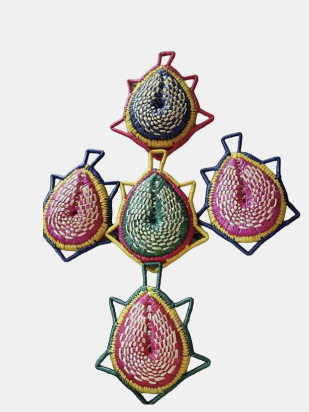 Colourful Nutan Sikki grass handwoven wall hanging with teardrop weaves and star-shaped frames